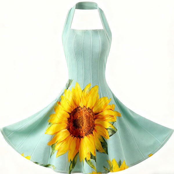 Women's sunflower print retro halter neck dress