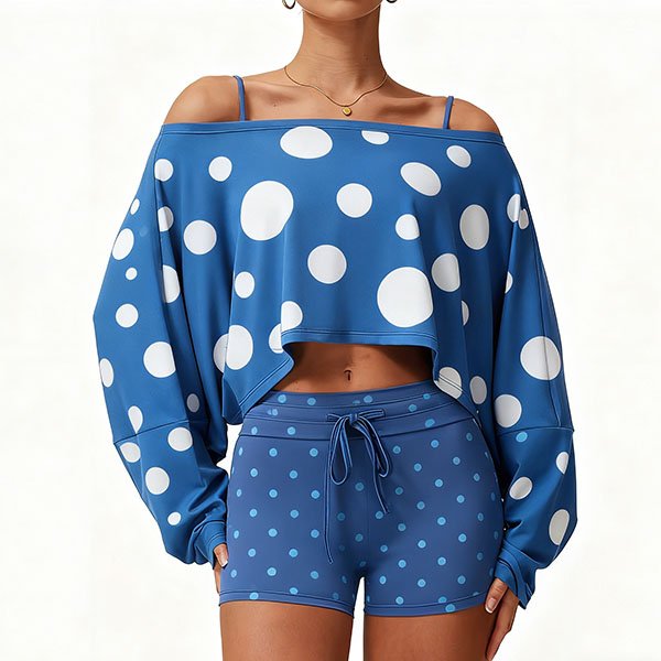 Women's casual loose-fitting home wear blue and white polka dot cute design set