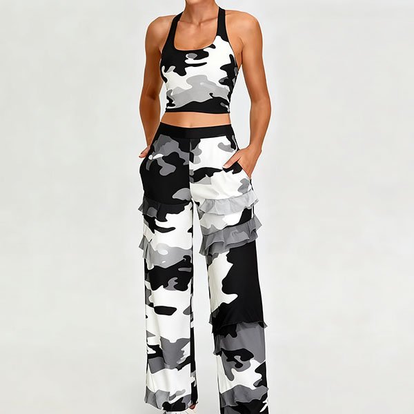 Women's casual black and white camouflage two-piece set with cool design
