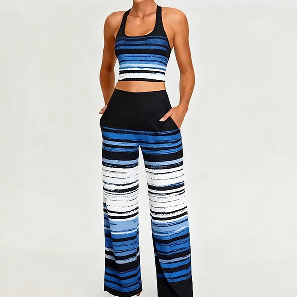 Women's casual blue and white striped two-piece set