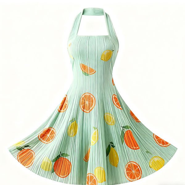 Women's Fruit Print Retro Halter Neck Dress