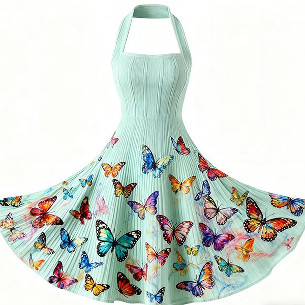 Women's butterfly print retro halter neck dress